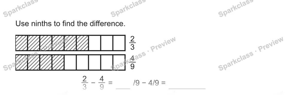 Use ninths to find the difference. 2/3 4/9 2/3 − 4/9 = /9 − 4/9 = — page 1