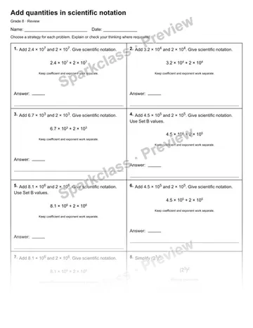 Add quantities in scientific notation — Review — Grade 8 worksheet preview