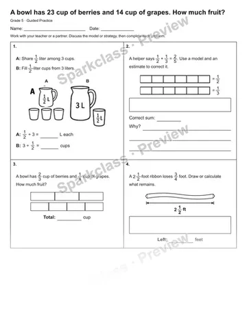 A bowl has 23 cup of berries and 14 cup of grapes. How much fruit? — Guided Practice — Grade 5 worksheet preview