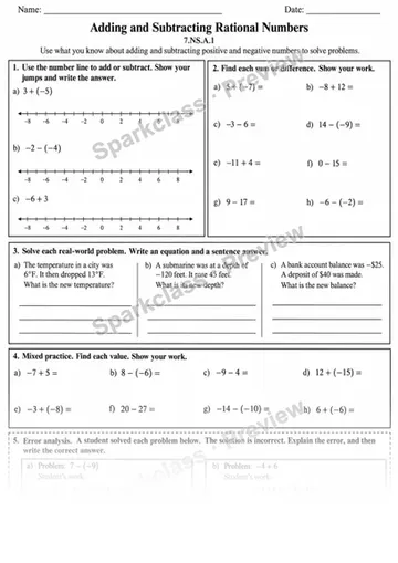 7.NS.A.1 · 1 Rational Add Subtract Variant 3 — Grade 7 worksheet preview