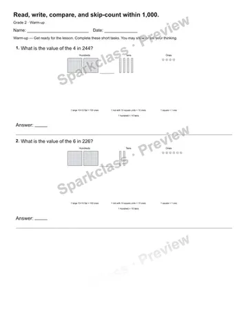 Read, write, compare, and skip-count within 1,000. — Warm-up — Grade 2 worksheet preview