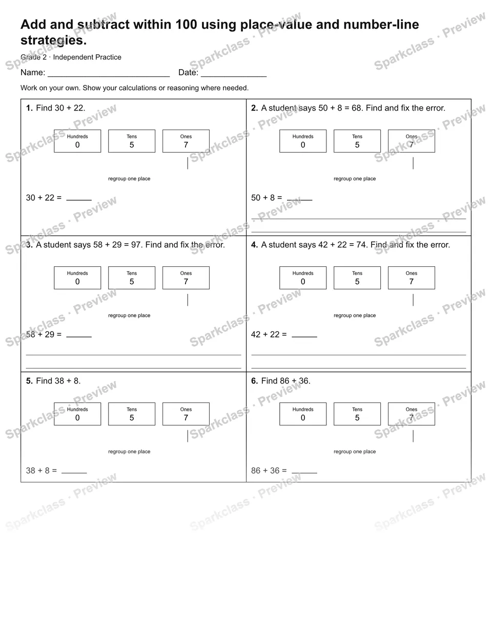 Add and subtract within 100 using place-value and number-line strategies. — Independent Practice — page 1