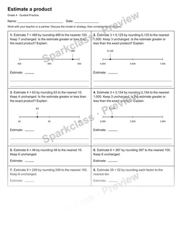 Estimate a product — Guided Practice — Grade 4 worksheet preview
