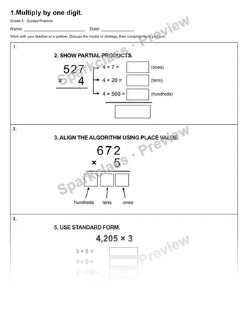 1.Multiply by one digit. — Guided Practice — Grade 5 worksheet preview