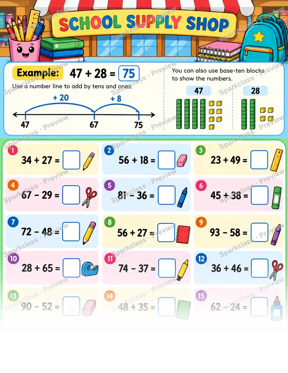 School Supply Shop · Two-Digit Addition and Subtraction — page 1