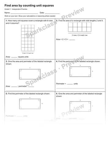 Find area by counting unit squares — Independent Practice — Grade 3 worksheet preview