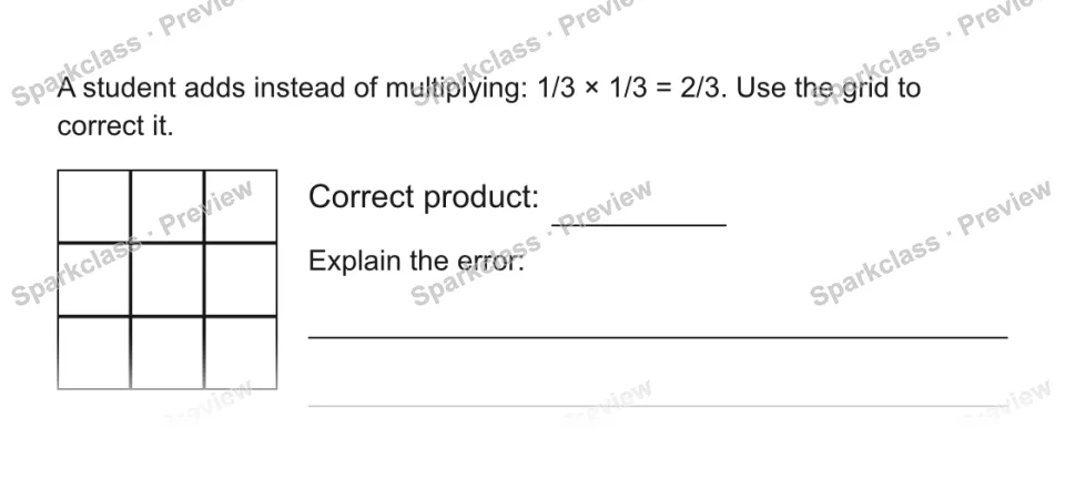 A student adds instead of multiplying: 1/3 × 1/3 = 2/3. Use the grid to correct it. Correct product: Explain the error: — page 1