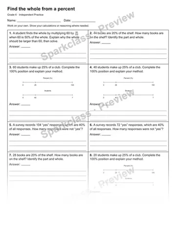 Find the whole from a percent — Independent Practice — Grade 6 worksheet preview