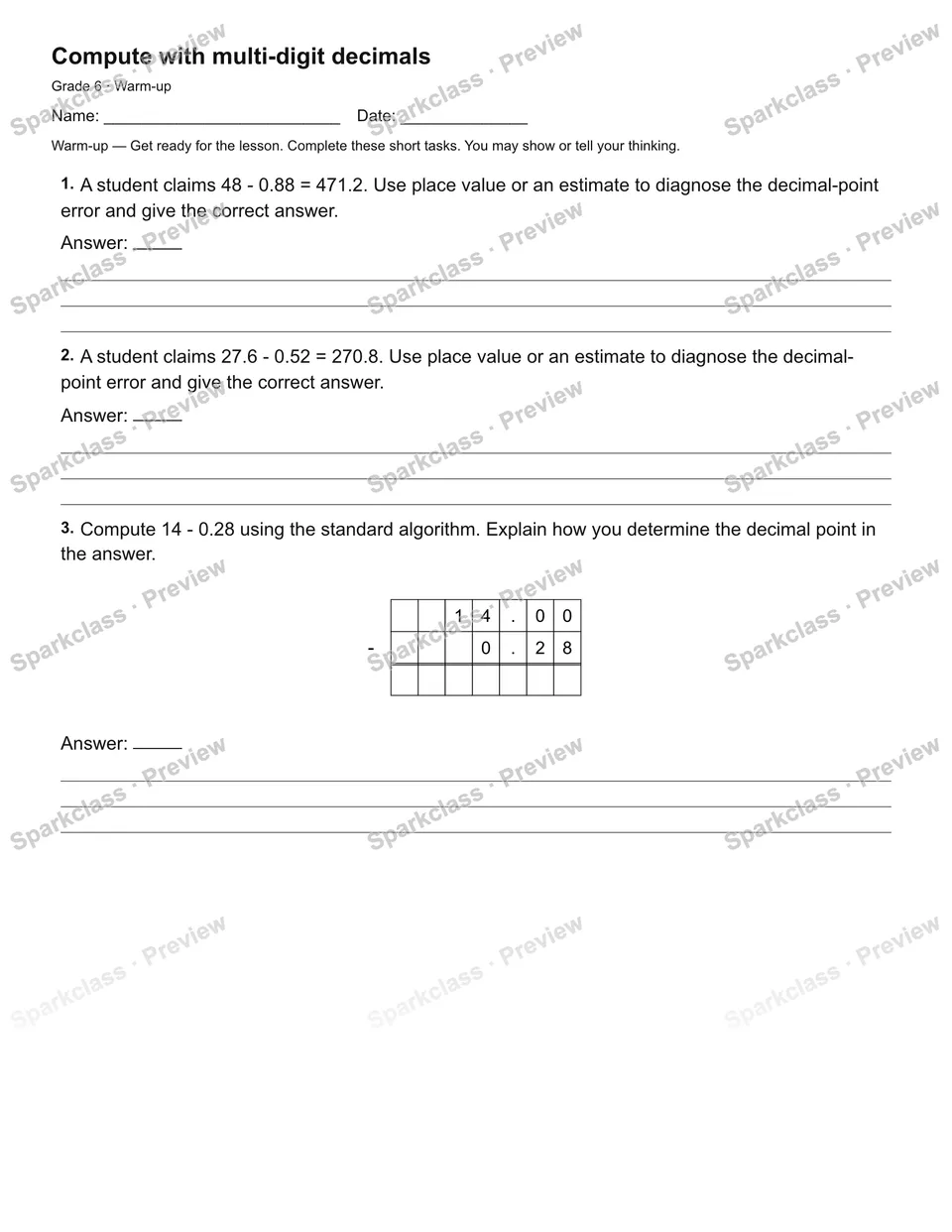 Compute with multi-digit decimals — Warm-up — page 2