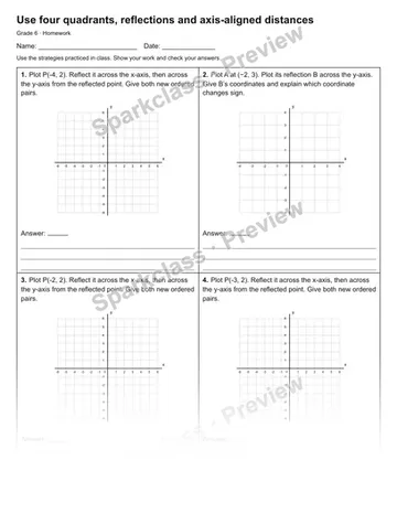 Use four quadrants, reflections and axis-aligned distances — Homework — Grade 6 worksheet preview