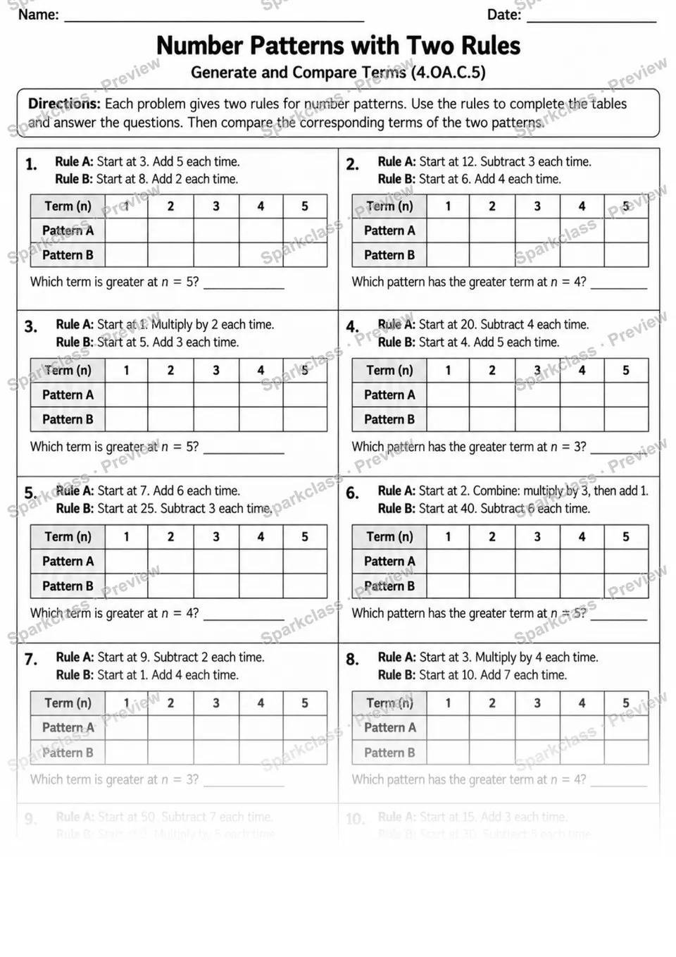 4.OA.C.5 · 5 Number Patterns Variant 01 Lowcoverage — page 1