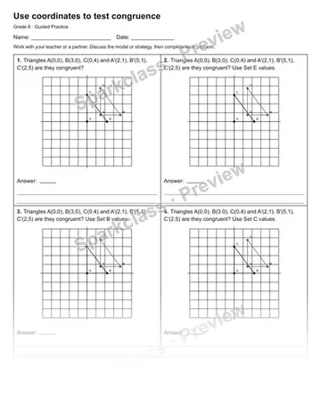Use coordinates to test congruence — Guided Practice — Grade 8 worksheet preview