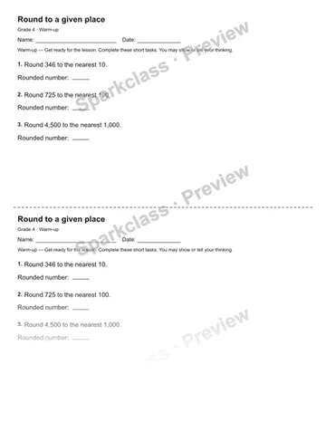 Round to a given place — Warm-up — Grade 4 worksheet preview