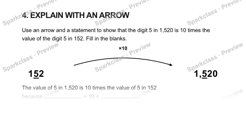 4. EXPLAIN WITH AN ARROW Use an arrow and a statement to show that the digit 5 in 1,520 is 10 times the value of the digit 5 in 152. Fill in the blanks. ×10 152 1,520 The value of — page 1