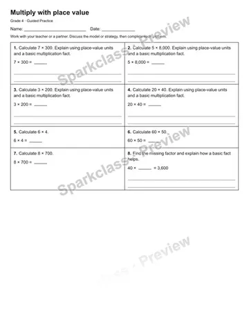 Multiply with place value — Guided Practice — Grade 4 worksheet preview