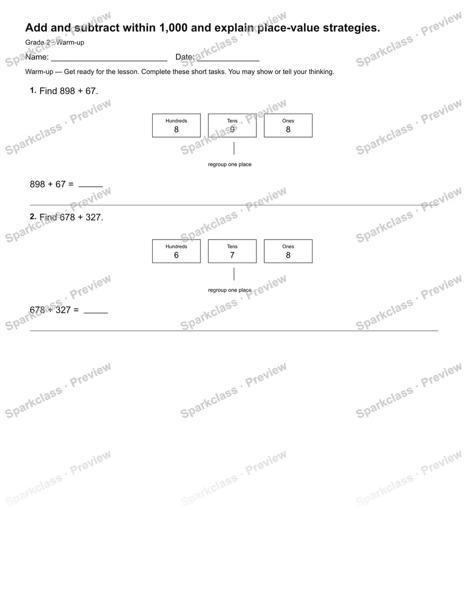 Add and subtract within 1,000 and explain place-value strategies. — Warm-up — page 1
