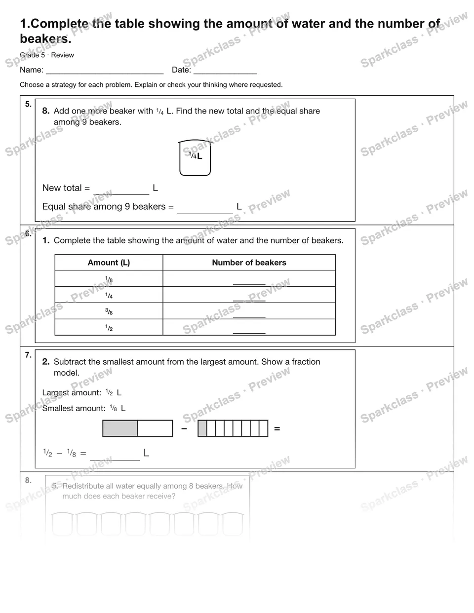 1.Complete the table showing the amount of water and the number of beakers. — Review — page 2