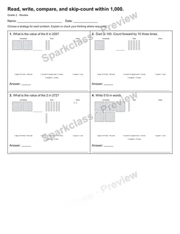 Read, write, compare, and skip-count within 1,000. — Review — Grade 2 worksheet preview