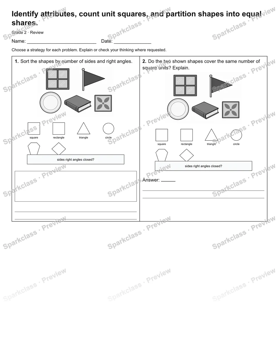 Identify attributes, count unit squares, and partition shapes into equal shares. — Review — page 1