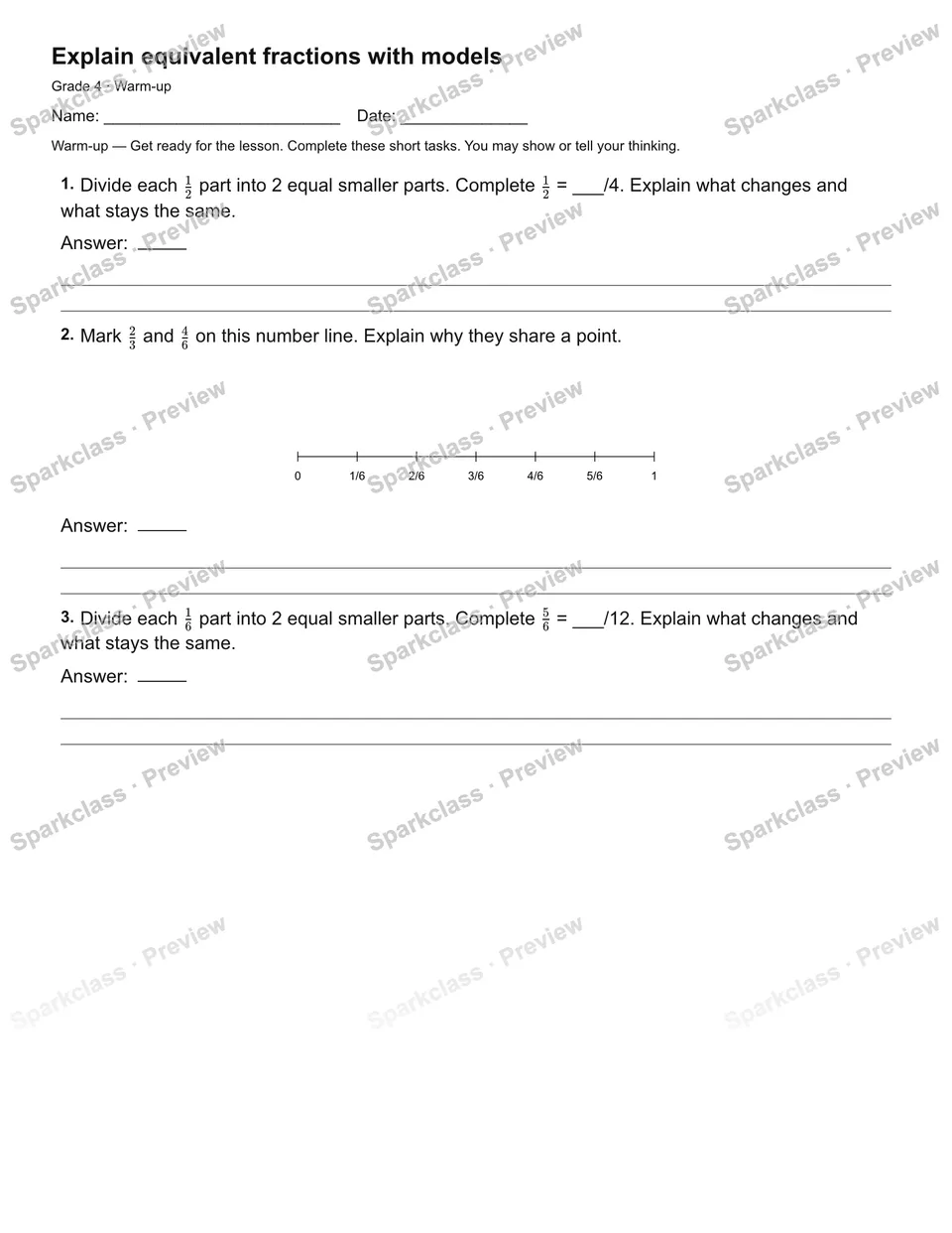 Explain equivalent fractions with models — Warm-up — page 1