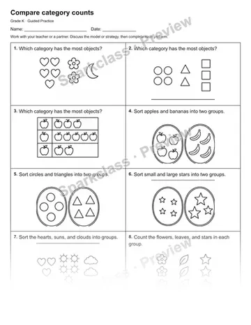 Compare category counts — Guided Practice — Kindergarten worksheet preview