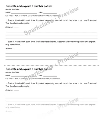 Generate and explain a number pattern — Exit Ticket — Grade 4 worksheet preview