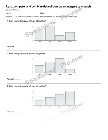 Read, compare, and combine data shown on an integer-scale graph. — Warm-up — Grade 2 worksheet preview