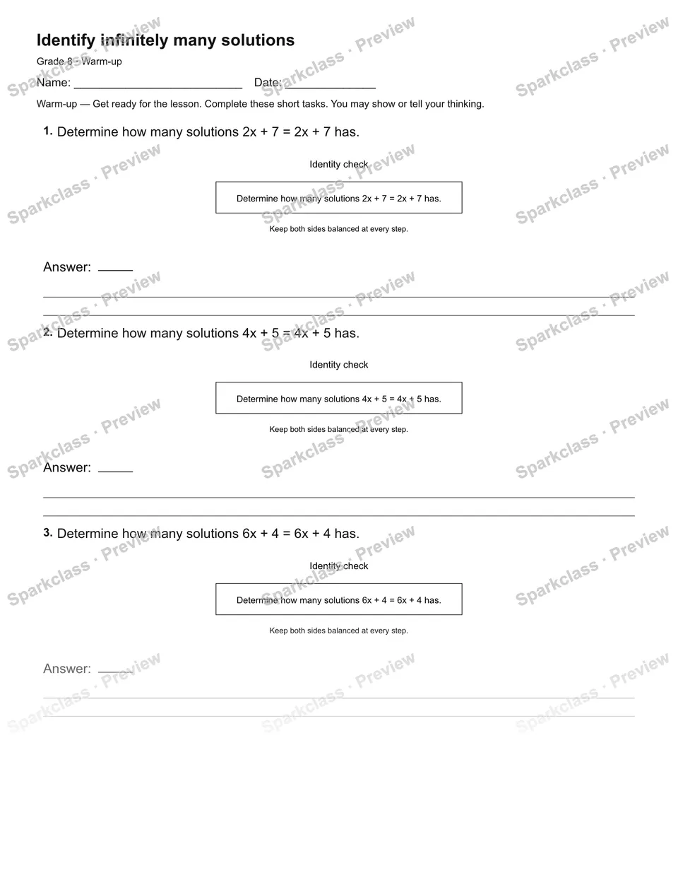 Identify infinitely many solutions — Warm-up — page 1