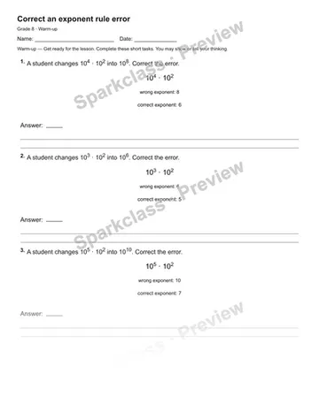 Correct an exponent rule error — Warm-up — Grade 8 worksheet preview