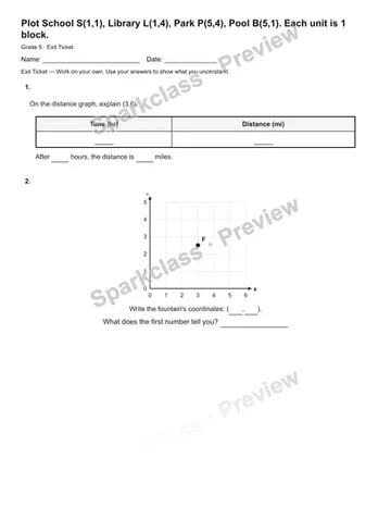 Plot School S(1,1), Library L(1,4), Park P(5,4), Pool B(5,1). Each unit is 1 block. — Exit Ticket — Grade 5 worksheet preview