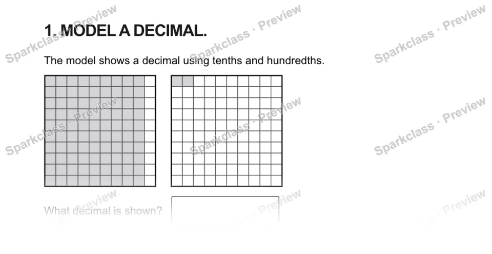 1. MODEL A DECIMAL. The model shows a decimal using tenths and hundredths. What decimal is shown? — page 1