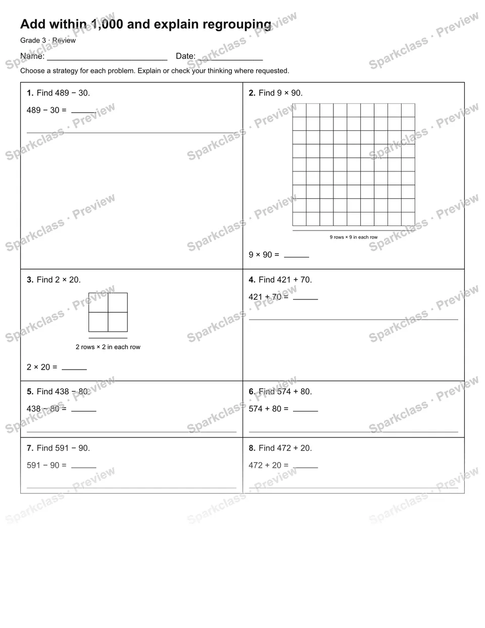 Add within 1,000 and explain regrouping — Review — page 1