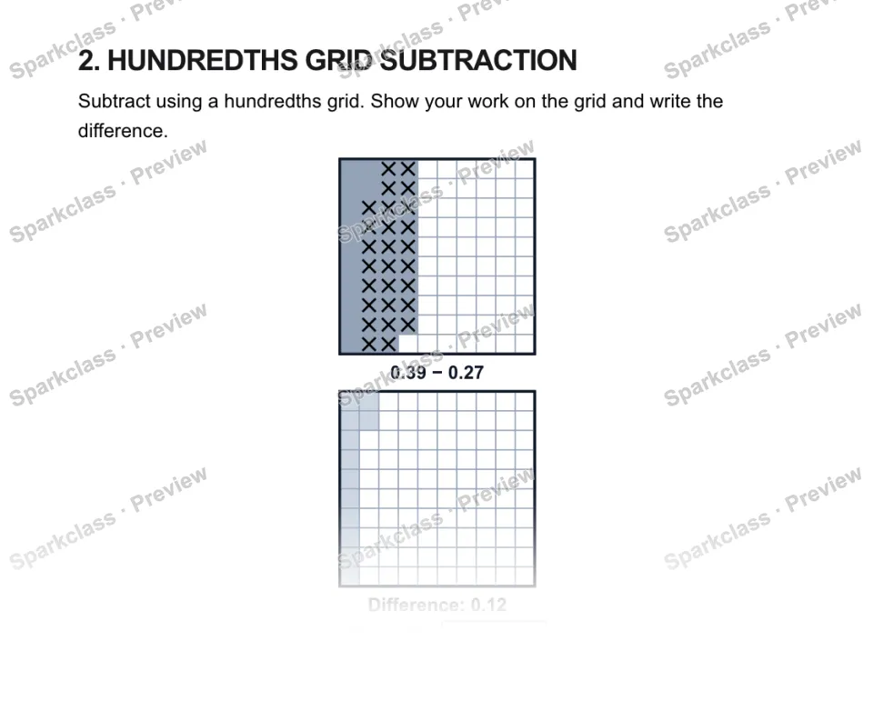2. HUNDREDTHS GRID SUBTRACTION Subtract using a hundredths grid. Show your work on the grid and write the difference. 0.39 − 0.27 Difference: 0.12 0.39 − 0.27 = — page 1