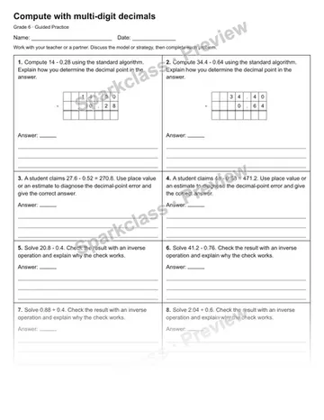 Compute with multi-digit decimals — Guided Practice — Grade 6 worksheet preview