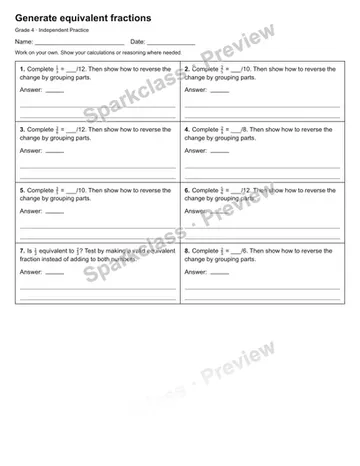Generate equivalent fractions — Independent Practice — Grade 4 worksheet preview