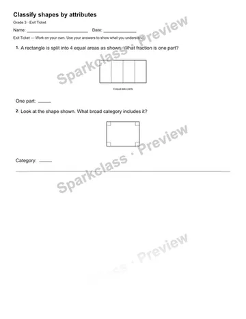 Classify shapes by attributes — Exit Ticket — Grade 3 worksheet preview