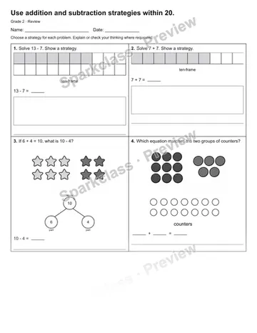 Use addition and subtraction strategies within 20. — Review — Grade 2 worksheet preview