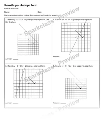 Rewrite point-slope form — Homework — Grade 8 worksheet preview