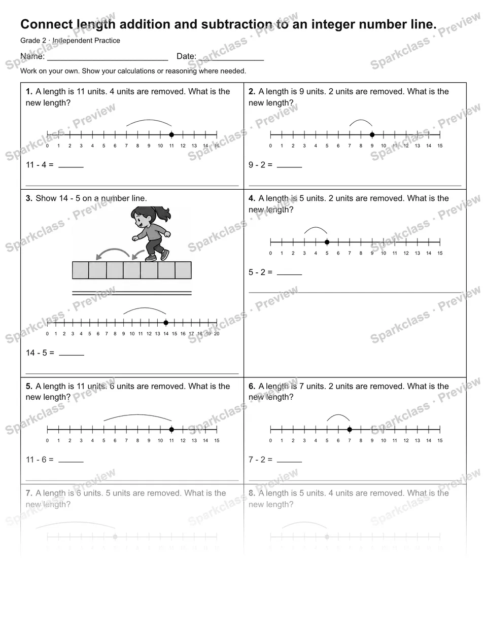 Connect length addition and subtraction to an integer number line. — Independent Practice — page 1