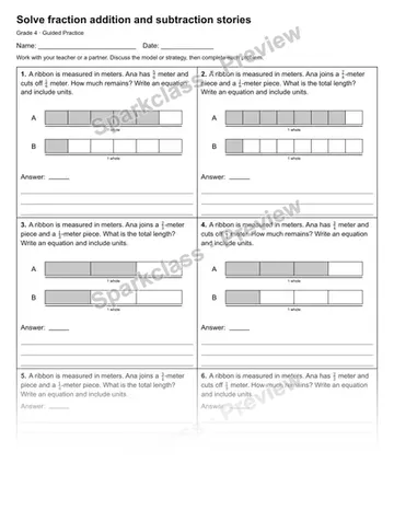 Solve fraction addition and subtraction stories — Guided Practice — Grade 4 worksheet preview
