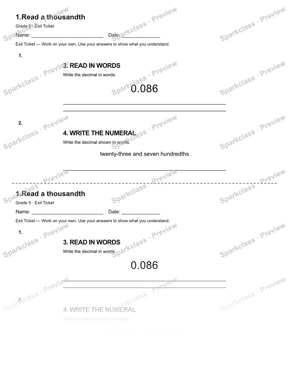 1.Read a thousandth — Exit Ticket — page 1