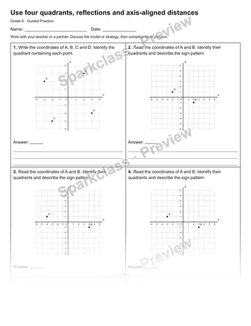Use four quadrants, reflections and axis-aligned distances — Guided Practice — Grade 6 worksheet preview