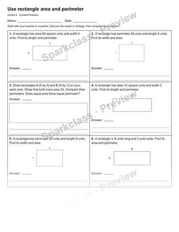 Use rectangle area and perimeter — Guided Practice — Grade 4 worksheet preview