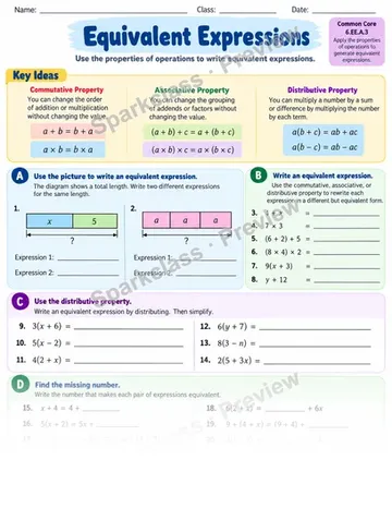 Equivalent Expressions — Grade 6 worksheet preview