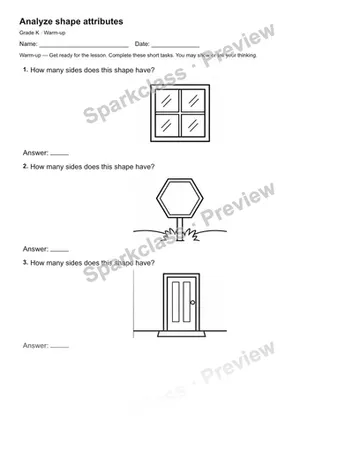 Analyze shape attributes — Warm-up — Kindergarten worksheet preview