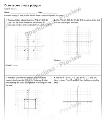 Draw a coordinate polygon — Review — Grade 6 worksheet preview
