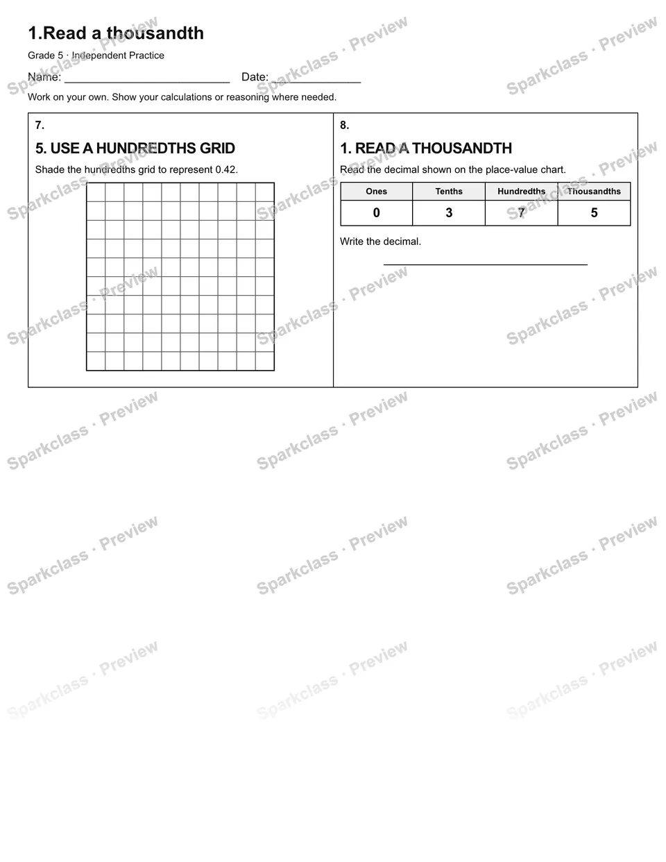 1.Read a thousandth — Independent Practice — page 2