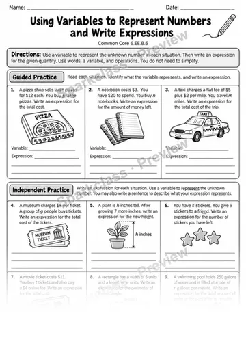 Variables and Expressions — Grade 6 worksheet preview
