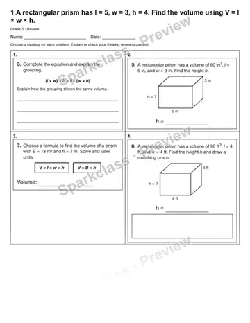 1.A rectangular prism has l = 5, w = 3, h = 4. Find the volume using V = l × w × h. — Review — Grade 5 worksheet preview