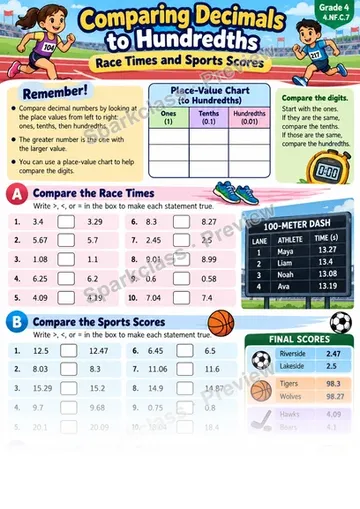 Compare Decimal Numbers — Grade 4 worksheet preview